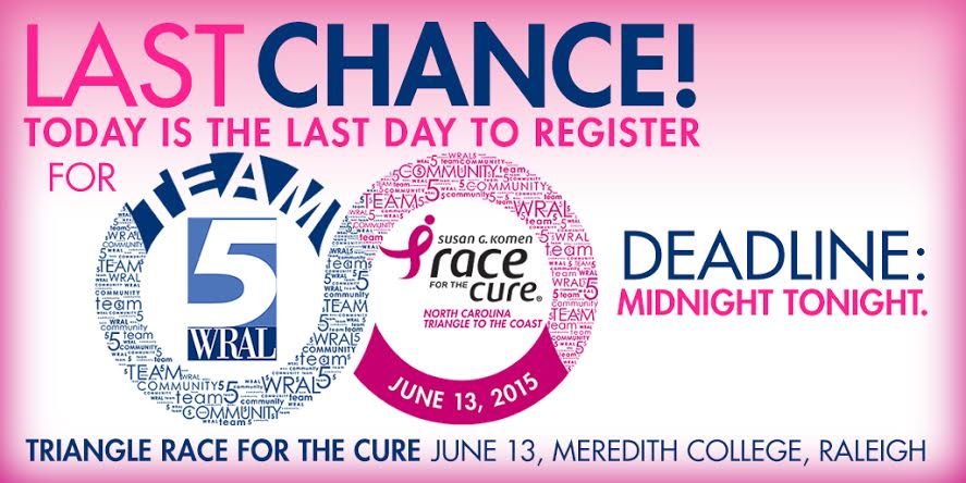 TeamWRAL's tweet photo. LAST CHANCE! Today is the deadline to join! Click here: http://t.co/UigA6Zl7HM #WRAL #KomenTri @KomenNCTC http://t.co/hYRKKSTRaj