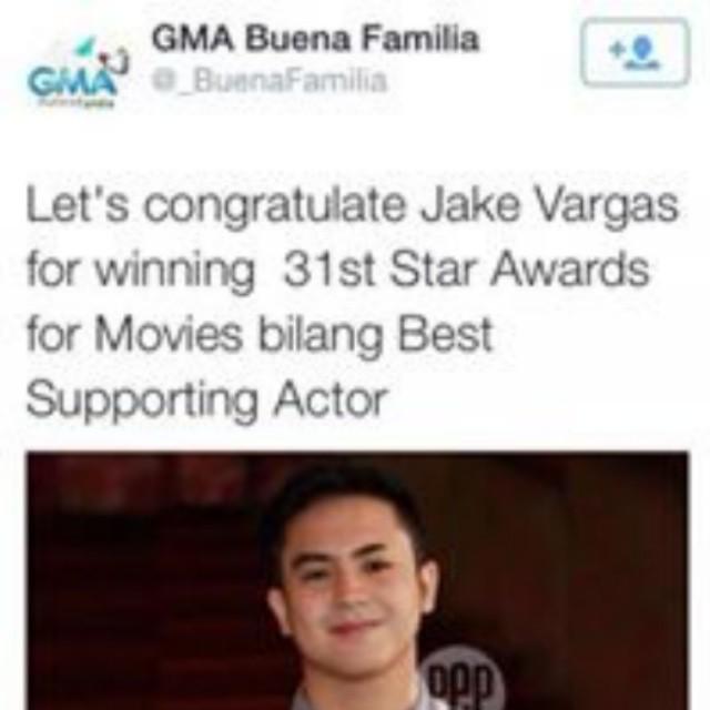 NORlabsJhaBea's tweet photo. Congratulations @ImJakeVargas for winning 31st Star Awards for Movies as a Best Supporting Actor. Proud of you :) http://t.co/451U5gyzBS