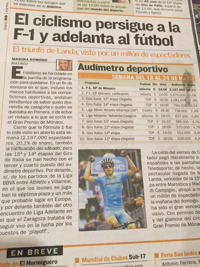 ClaveroDaniel's tweet photo. El #ciclismo si interesa y mucho. #AsiSi #Audiencias Vía @AS_Ciclismo http://t.co/K2BoEUchGR
