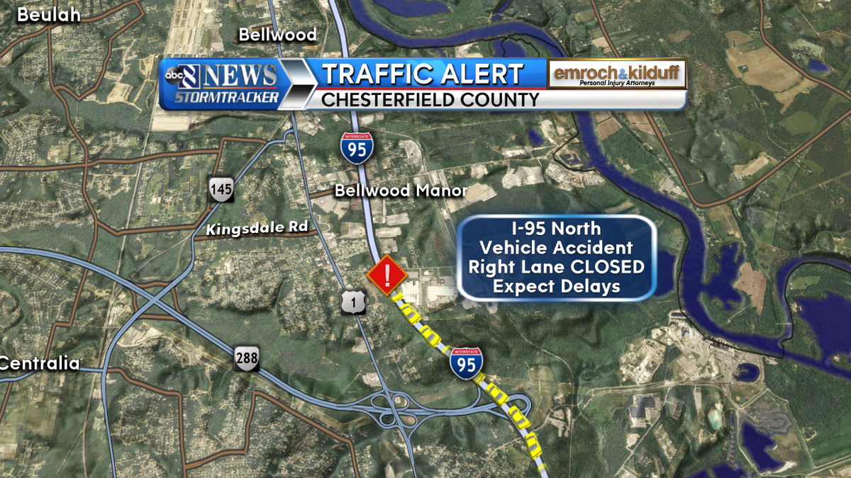 8NEWS's tweet photo. **Traffic Alert** Accident on I-95 North, right lane closed north of Rt. 288, expect delays. http://t.co/xn2n0NOv2T