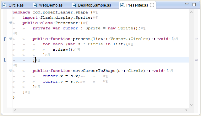 tekkie's tweet photo. Little neat stuff coming to FDT Editor: helper markers on the side for braces (and brackets) #fdt #codingcomfort #as3 http://t.co/cGsuPw7qy3