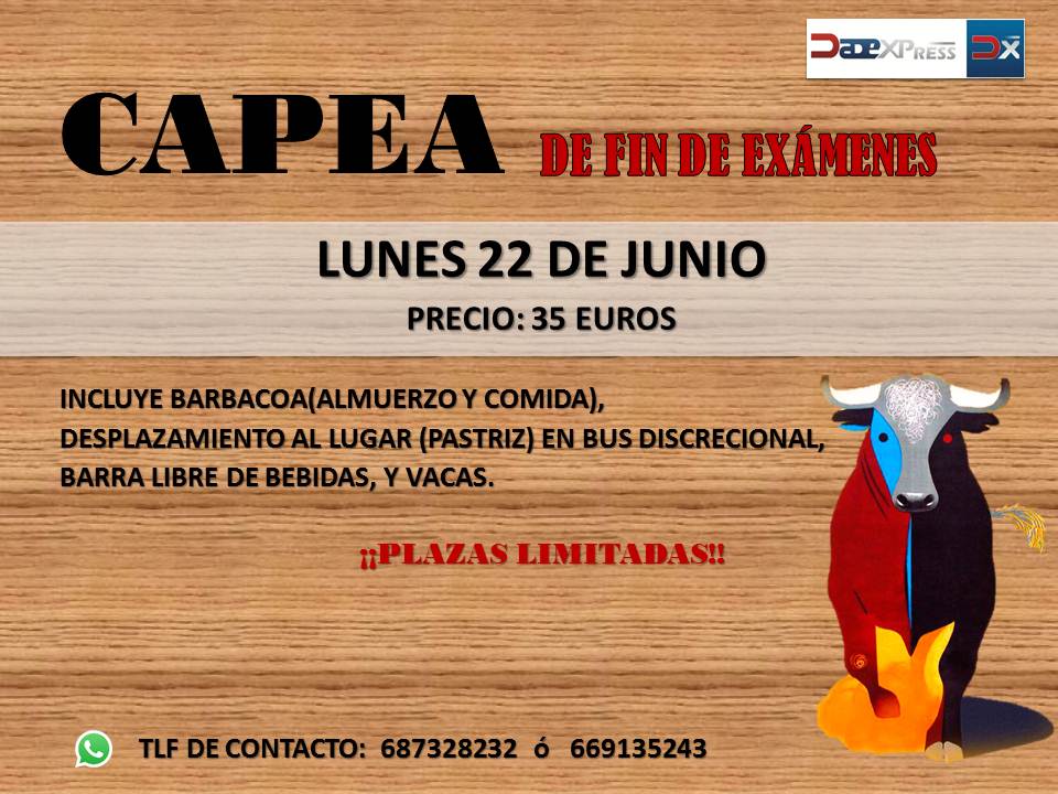 1DADExpress's tweet photo. CAPEA FIN EXÁMENES | PRECIO entrada: 35€. Incluye almuerzo, comida y barra libre de bebida.+ info por whpps de cartel http://t.co/aNdpAEMgNi