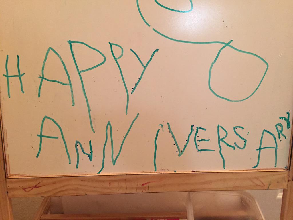 CoachMattGrahn's tweet photo. My daughter's message to mommy and daddy this morning. #EightYears #NotTooShabbyForThreeYearsOld #DadHelped http://t.co/1zrWZY7UaO