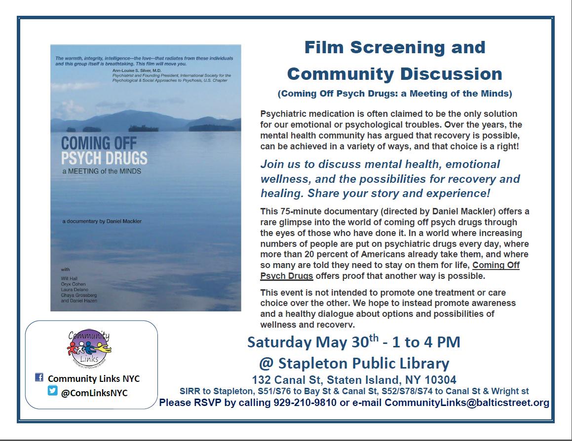 ComLinksNYC's tweet photo. #mentalhealth #mentalhealtmatters, #StatenIsland  
FREE FILM SCREENING &amp; DISCUSSION "Coming Off Psych Meds" http://t.co/Mx6IZCfnPQ
