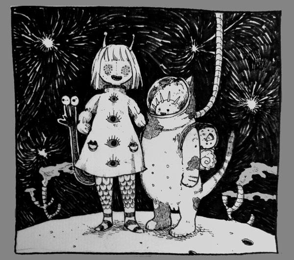 カラーとモノトーンでスモック星人と海苔巻き星人です。 