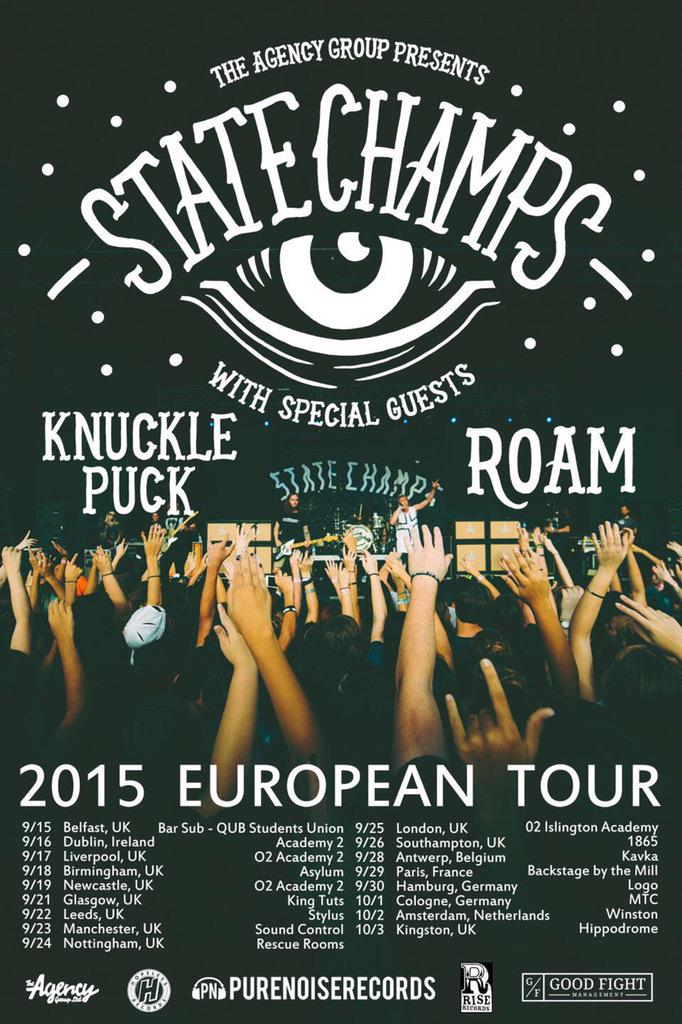 State_Champs's tweet image. Psyched to announce that we're bringing @KnucklePuckIL and @ROAMse out with us on our UK/EU headline tour this fall!