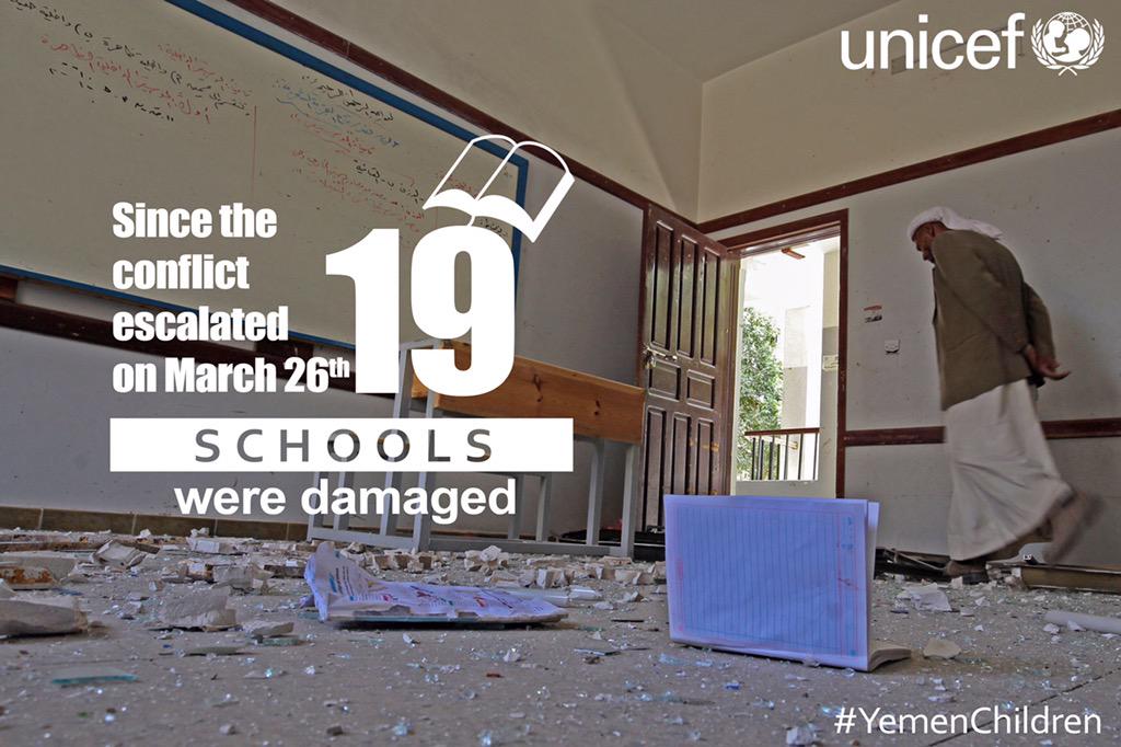 UNICEF_Yemen's tweet photo. Since March 26, at least 19 schools are attacked or damaged &amp; about 2 million children are out of school. #Yemen http://t.co/tVuxIyw6Gg