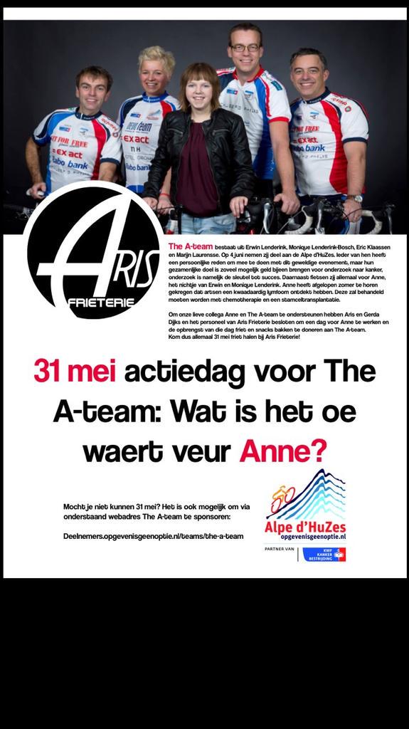 A.s. zondag: Aris 4 The A-team! Opbrengst friet/snackverkoop = voor dit goede doel! Kom ook! #larenleeft