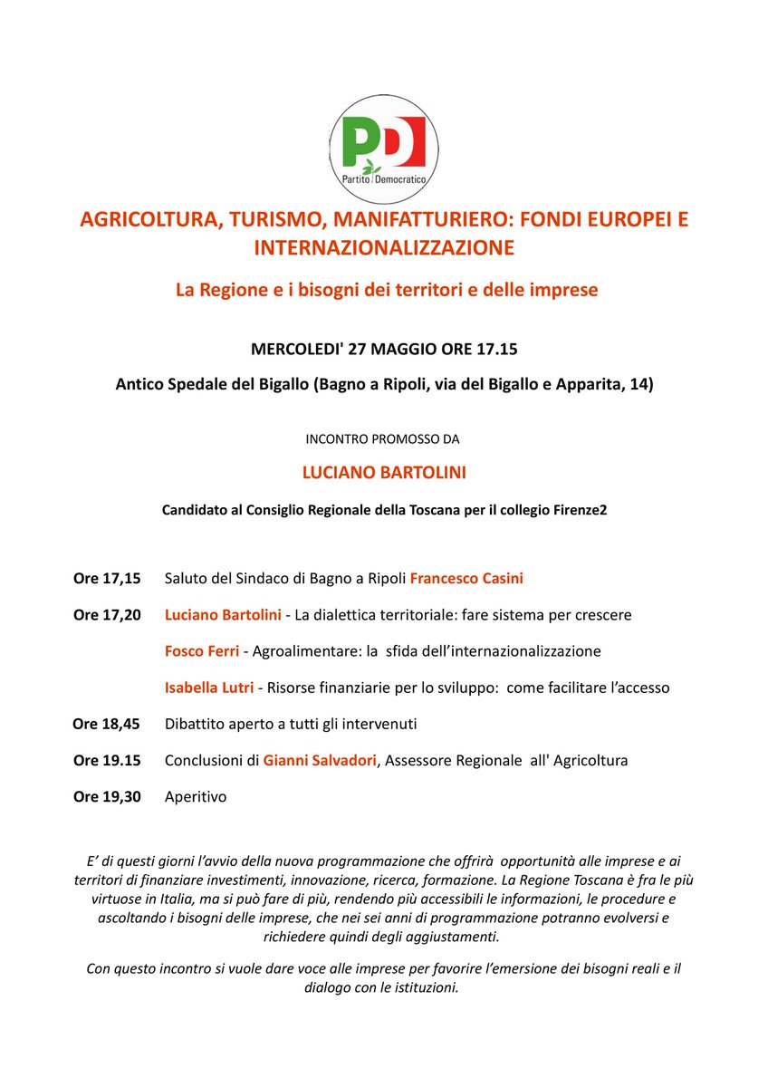 Domani ore 17:30 allo Spedale del Bigallo per parlare di turismo, agricoltura, cooperazione tra imprese. Vi aspetto!