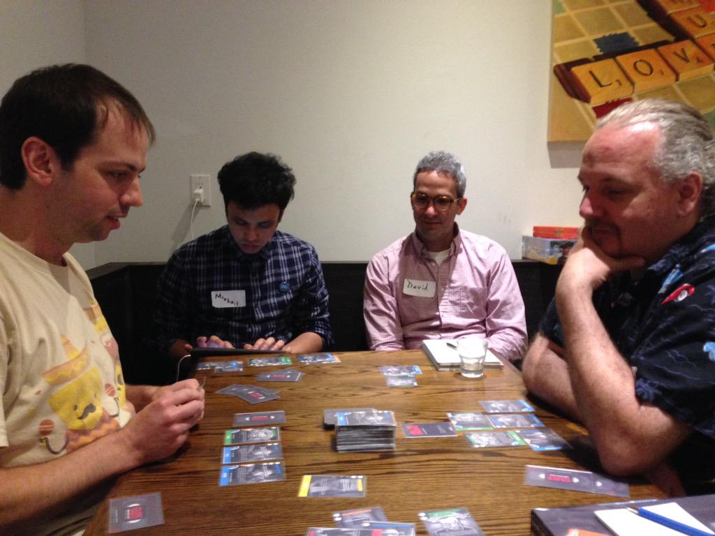 MeepleSyrup's tweet photo. We played the updated version of Steve Tassie's #GraveRobbersFromOuterSpace at @Snakesandlattes #DesignerNight http://t.co/iyTWgqwffO