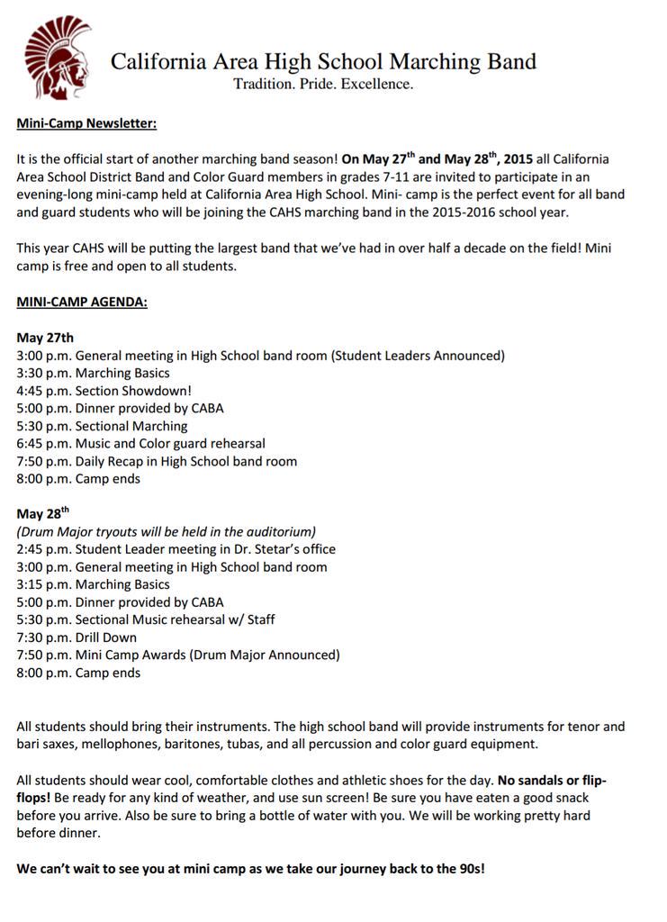 Mini camp starts tomorrow! Agenda is attached.
