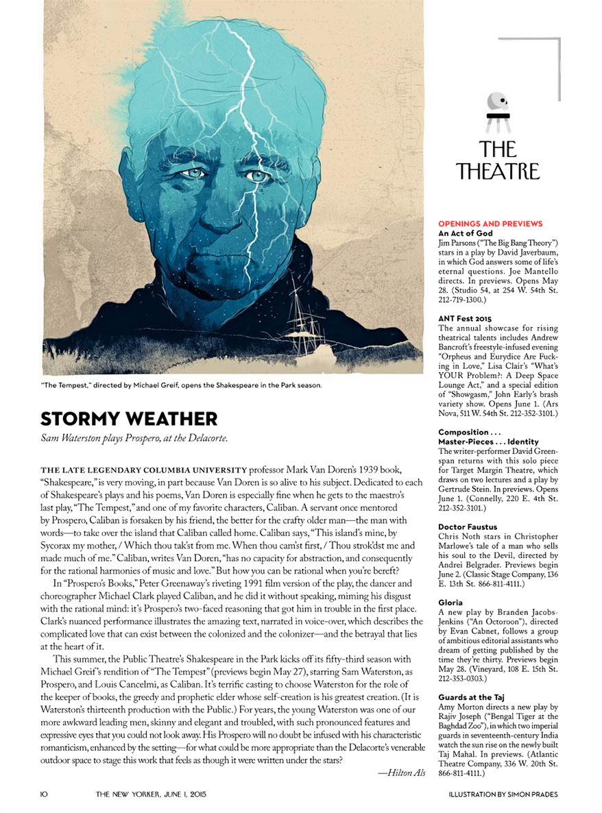 Awesome illustration in this week's <a href="/NewYorker/">The New Yorker</a> by <a href="/simonprades/">Simon Prades</a>, Sam Waterston as Prospero in The Tempest. Thx Simon!