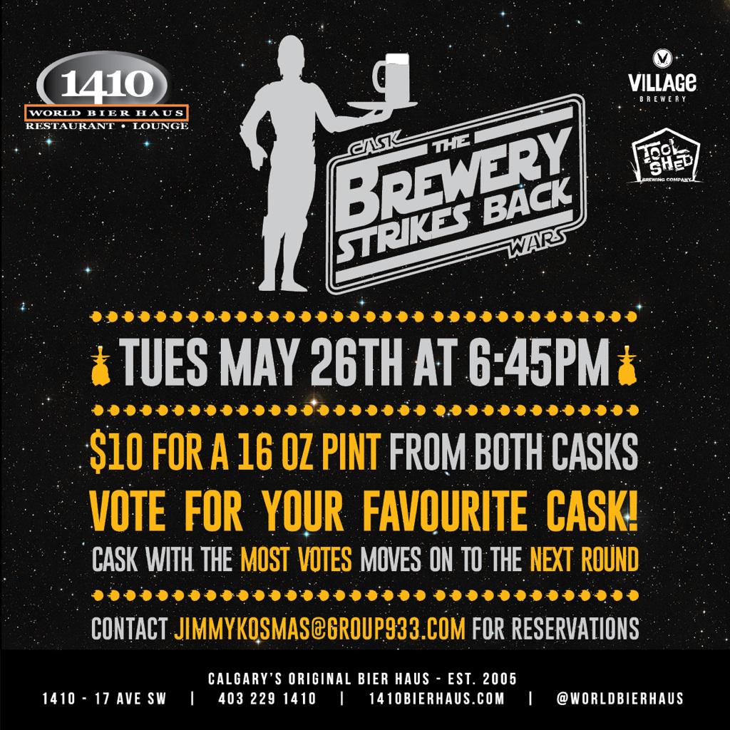 VillageMatt's tweet photo. Cask wars tonight 1410 @Worldbierhaus. A chance to try 2 great casks from @villagebrewery and @ToolShedBeer #yyc http://t.co/kvF8RCR8yX