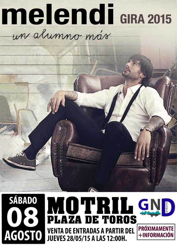 Sábado 8 de Agosto Melendi en la Plaza de toros de Motril, venta de entradas a partir del 8/5/15. Próximamente +Info🎤