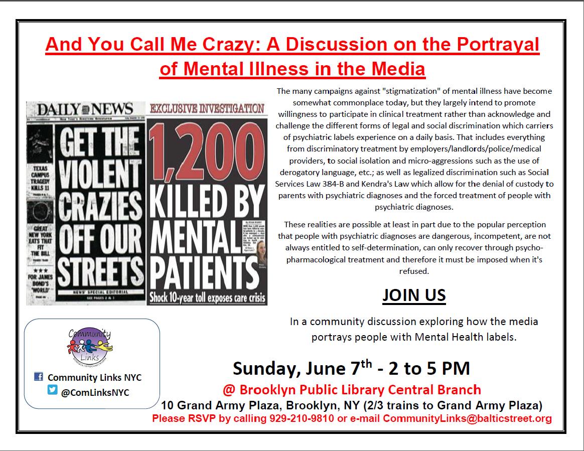 ComLinksNYC's tweet photo. #Stigma #mentalhealth #mentalhealthmatters #mediawatch 
DISCUSSION ON PORTRAYAL OF MENTAL ILLNESS IN MEDIA http://t.co/j3jnJhRB4M