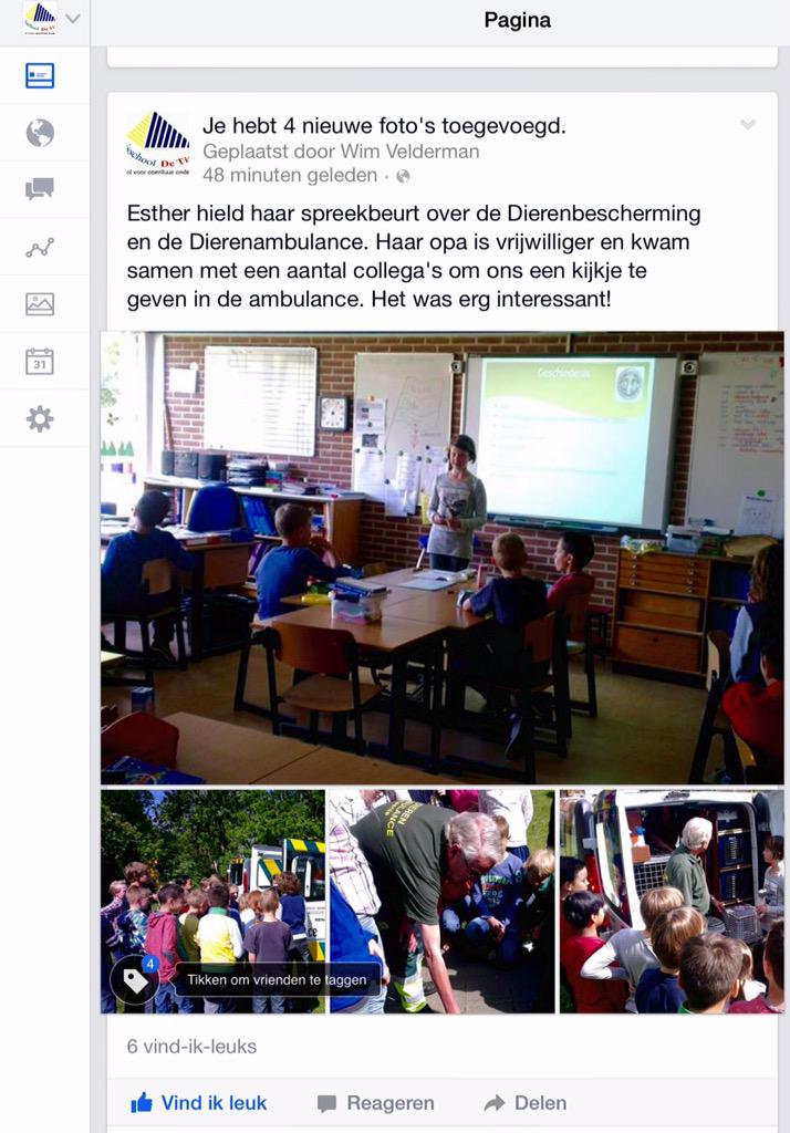 Ken je ons Facebook-account ?
Mooi verslag over de dierenambulance en een spreekbeurt.