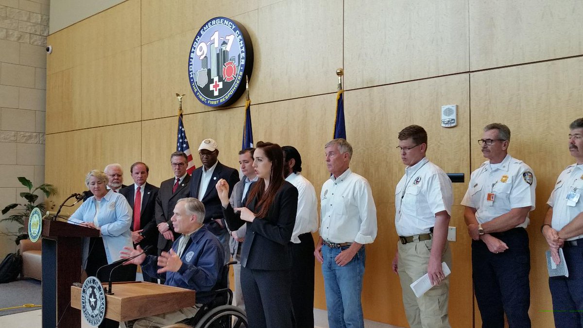 HoustonOEM's tweet image. Houston Emergency Center press conference. @GovAbbott adds Houston to declared disaster areas. #houstonflood #hounews