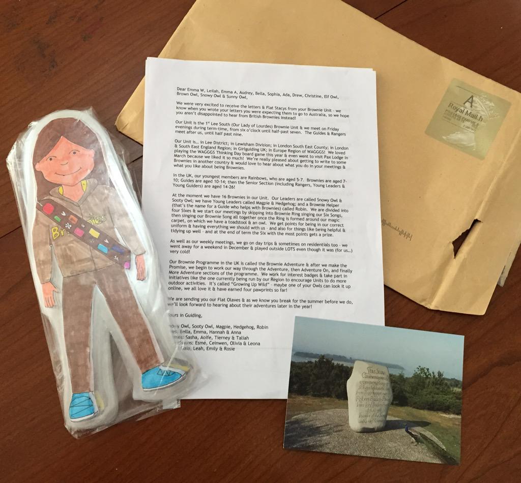 Look what came today, #FlatOlaves from England, just in time to join us at our advancement ceremony! <a href="/1stLSBrownies/">1st Lee South Brownies</a>