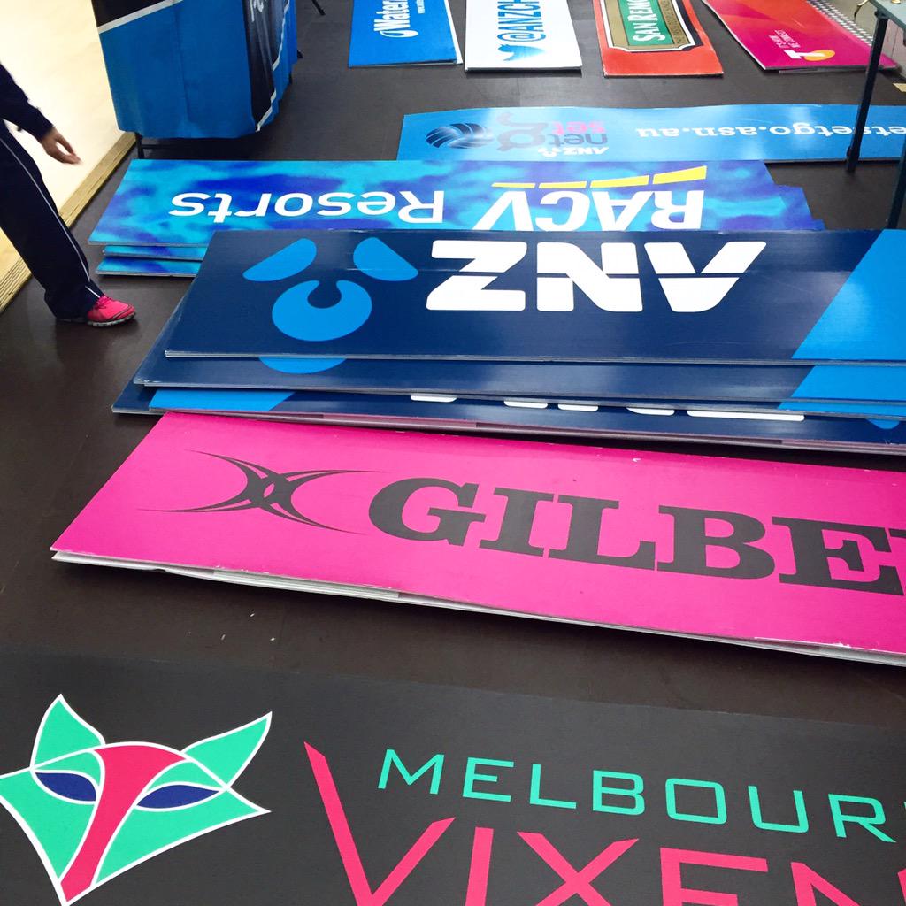 MelbourneVixens's tweet photo. Just kitting out @MCourtArena with a bit of signage #AchieveAgain http://t.co/FzdvN2FrOH