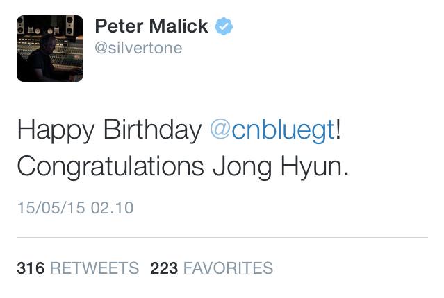 Mr Peter Malick messageed Happy Birthday to Lee Jong Hyun. Thanks Mr.  