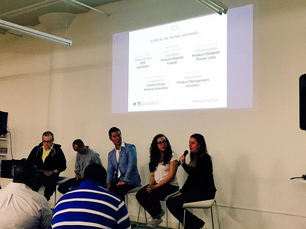 joinpursuit's tweet image. A Day in the Techie Life panel featuring @SaraJChipps @radiomorillo @FranciscoHui @derekhkan #DecodingTech