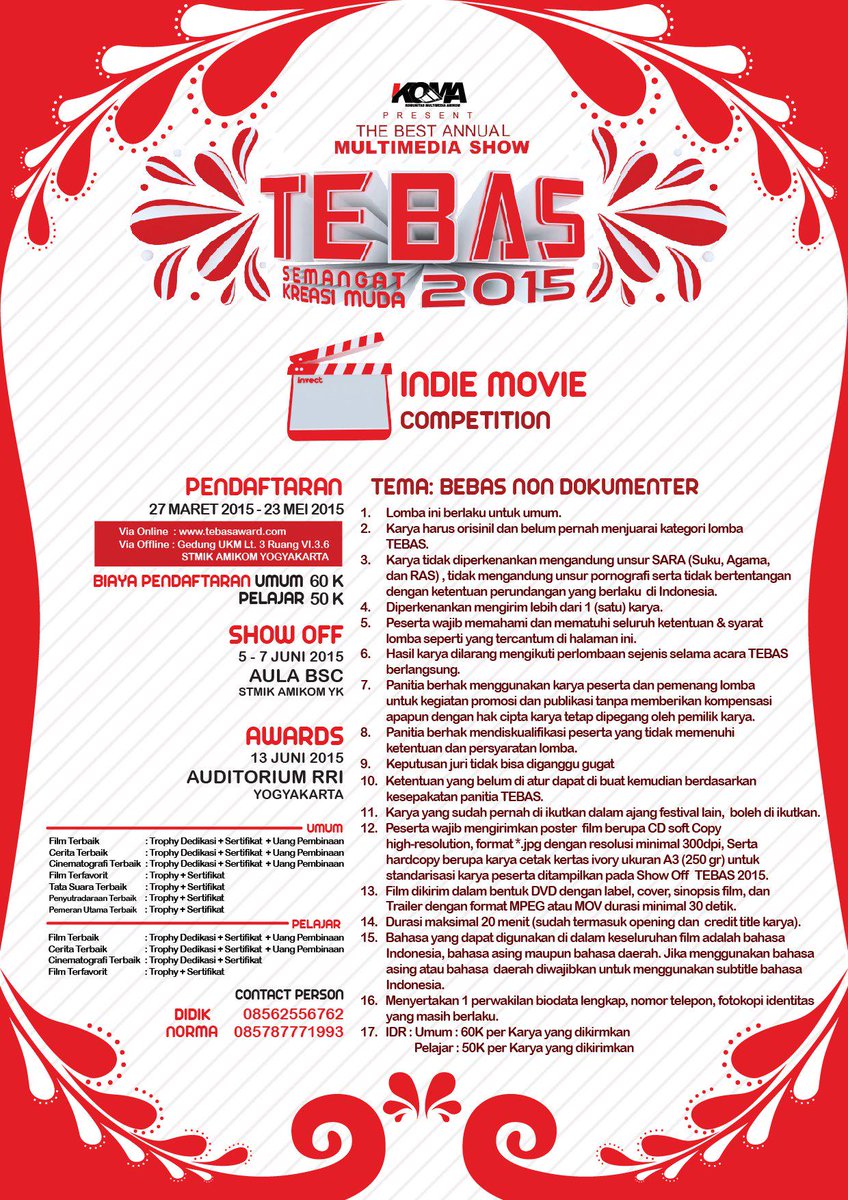 jalanbhakti's tweet photo. KOMA present #TEBAS2015 Lomba INDIE MOVIE COMPETITION | http://t.co/MMJ4DvHEJP | @TebasAward http://t.co/zMZm0g8QVY