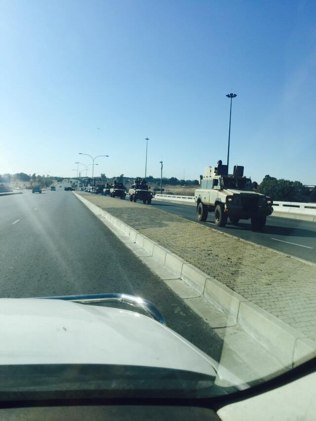NameNShameSA's tweet photo. Convoy of military Panzer's turning off #nasrec road on to N1 north. @ewnreporter @EWNTraffic http://t.co/0ibeXV37SU