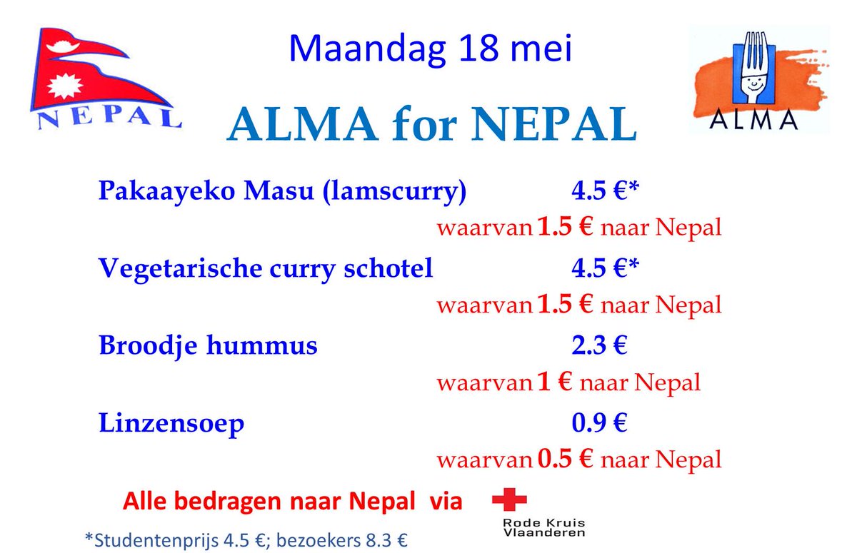 almakuleuven's tweet photo. Nu maandag bij Alma: kom Nepalees eten en help de slachtoffers van de aardbeving #nepal #rodekruis http://t.co/OQ5PU3vHS6