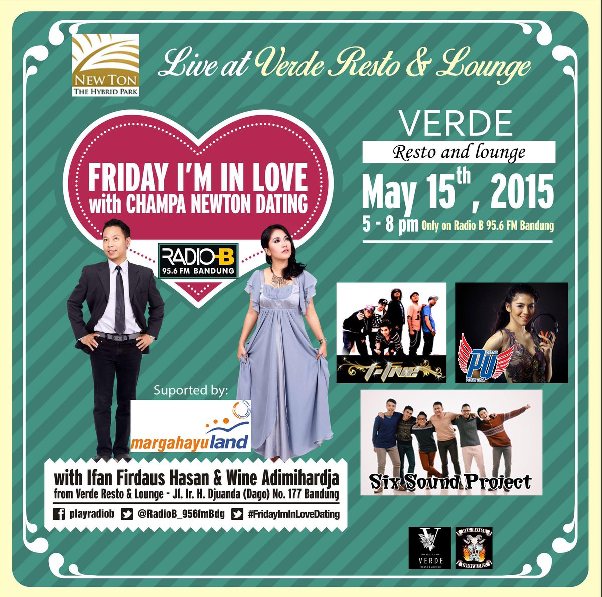 Bradio956FM's tweet photo. Sore ini ya! Kita nge'date brg di @VERDE_lounge brg @unaputri @twisterfive @sixsoundproject :) #FridayImInLoveDating http://t.co/P1g8Xhd11x
