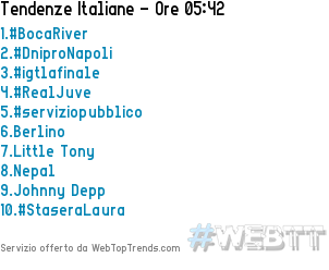 webtoptrends's tweet image. 1.#BocaRiver
2.#DniproNapoli
3.#igtlafinale
4.#RealJuve
5.#serviziopubblico
15/05/2015 05:42 #WebTT