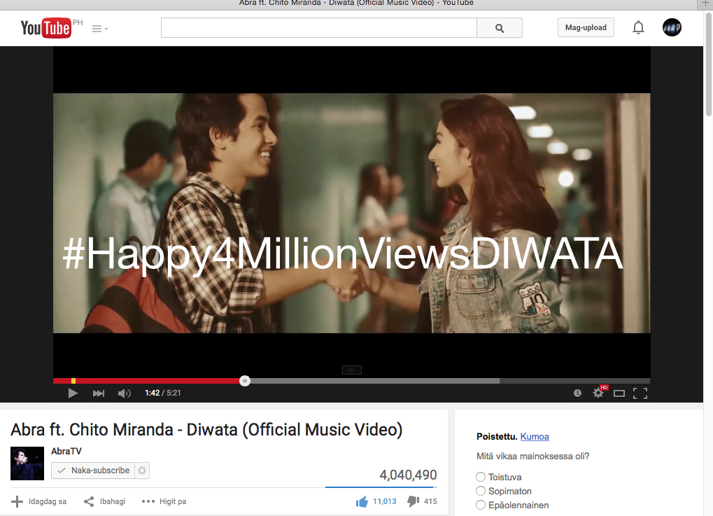 TeamARTIFICE's tweet photo. 4m views &amp; still counting! 
DIWATA by @ABRAOFFICIAL ft. @chitomirandajr 

@mandmfilms_ @NicoleAsensio @josefamarra http://t.co/rckOChzg0t
