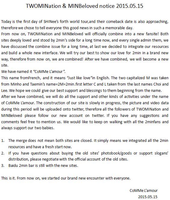 From now on, TWOMINation and MINBeloved officially combine into a new fansite! We have named it “CoMMe L'amour”.