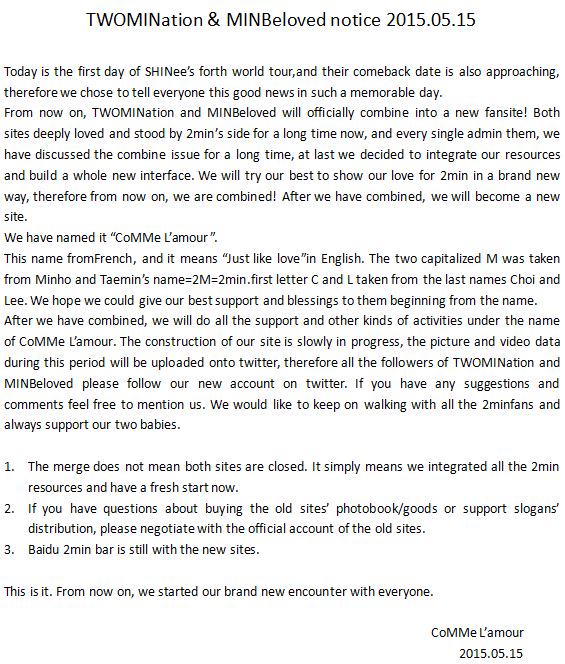 CoMMe_Lamour's tweet photo. From now on, TWOMINation and MINBeloved officially combine into a new fansite! We have named it “CoMMe L'Amour”. http://t.co/AWcJLOvLN2