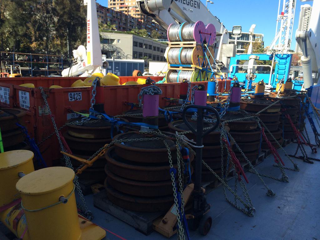moninya's tweet photo. Instruments weights / floats on the Investigator ready for the EAC cruise. Good luck team #csirogram @UNSWScience http://t.co/8HQWwJGG9d