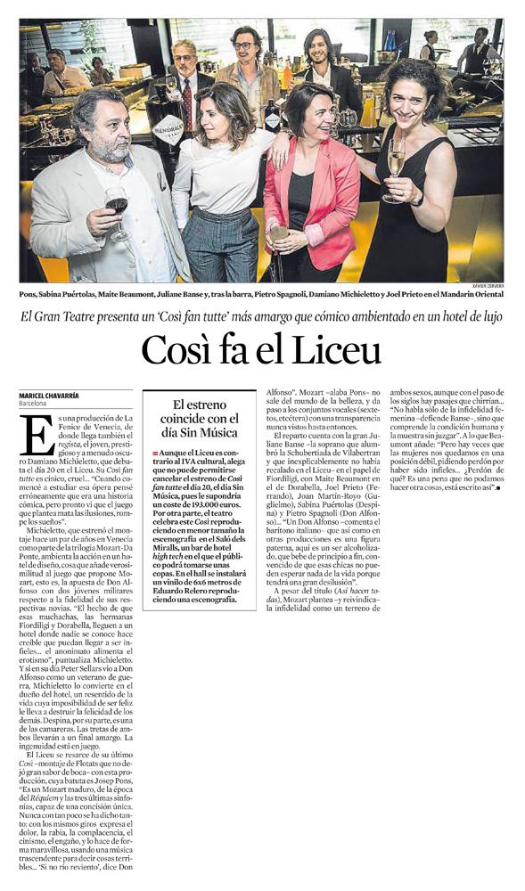 Liceu_cat's tweet image. "Così fa el @Liceu_cat", dice hoy @LaVanguardia a propósito de #CosìFanTutte @MozartSpain @teatrolafenice