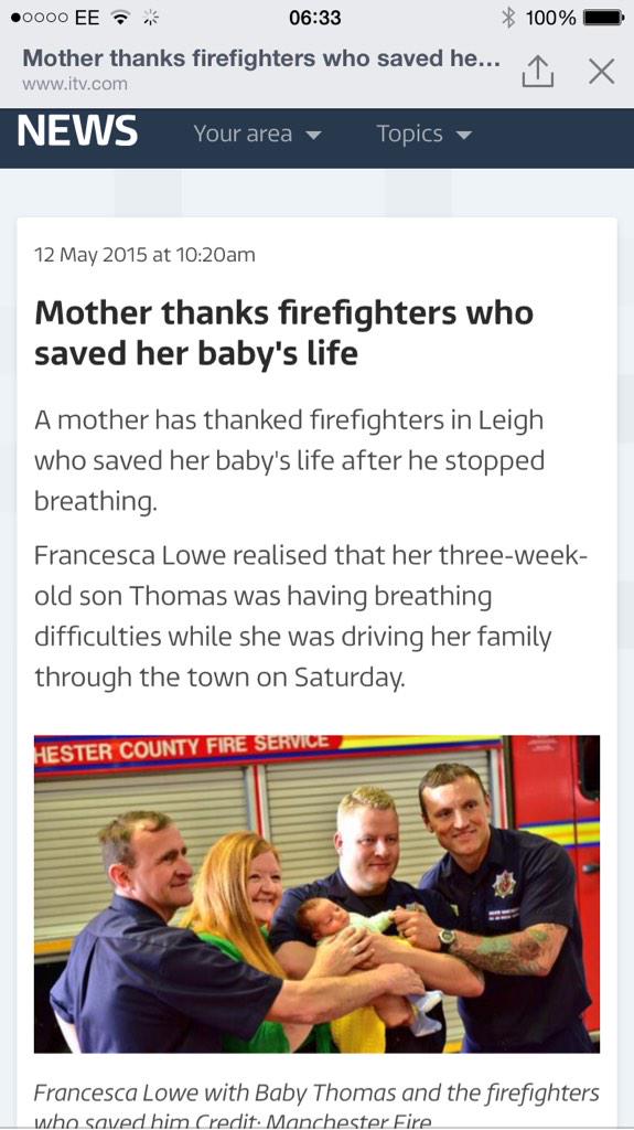 drnicnac83's tweet photo. Well done Leigh fire service for stepping out of your comfort zones and saving this little babies life.. http://t.co/39QmO6hl5a
