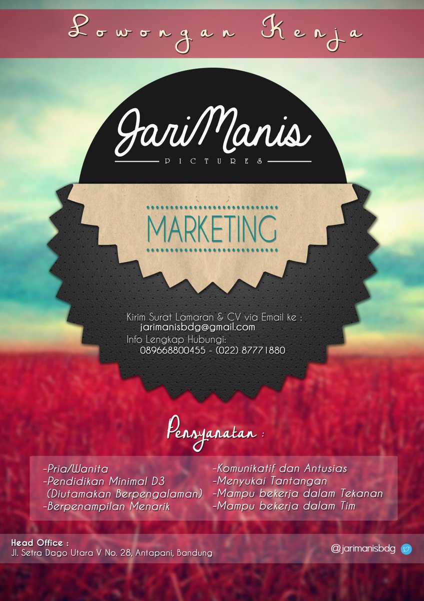 FIREWORKS_Film's tweet photo. @Jobsbdg Buat para jobseeker nih. Our Wedding's Division open recruitment : "MARKETING" #lokerbdg #jarimanis http://t.co/O7Vd5Qx2cc