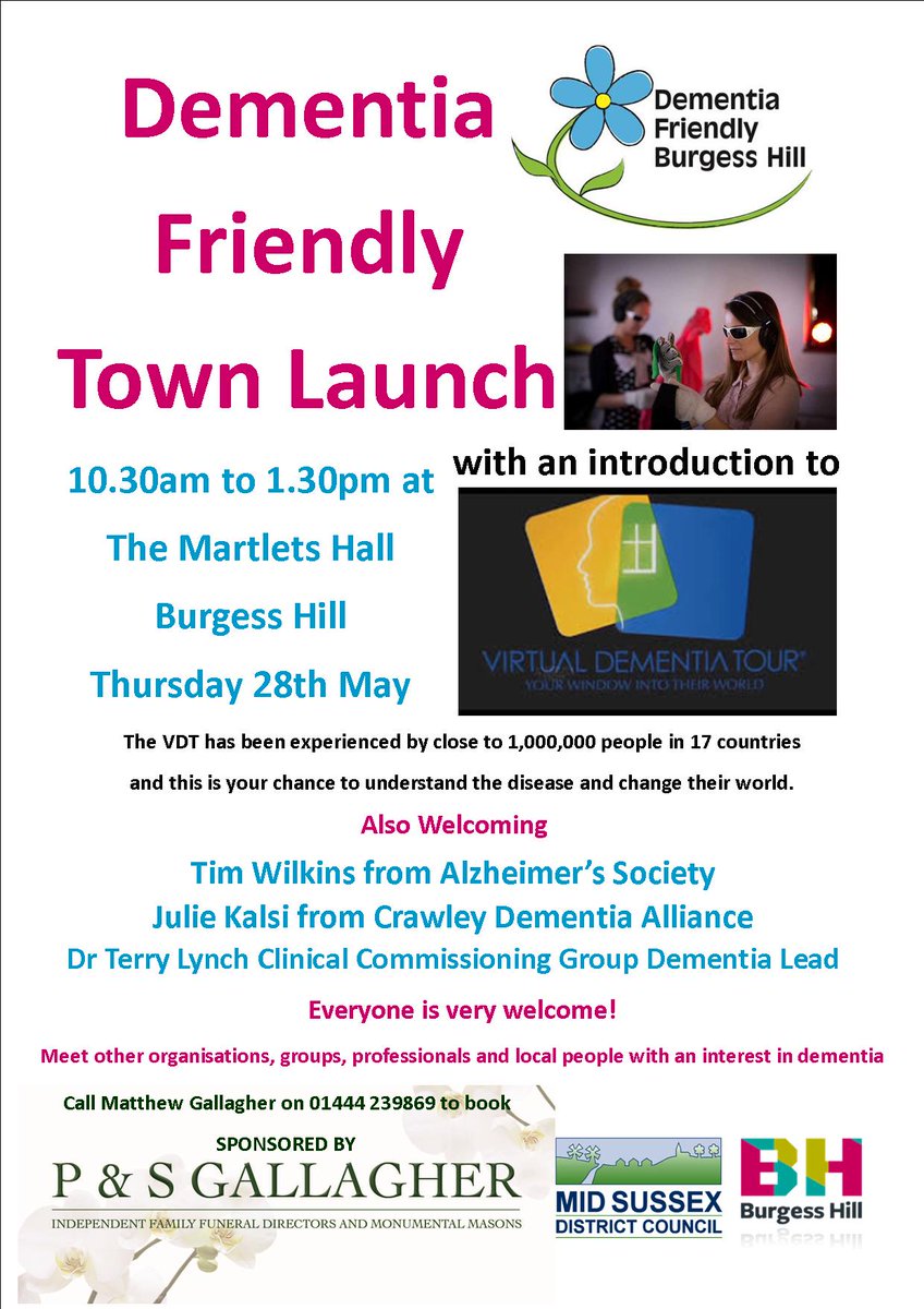 PandSGallagher's tweet image. The Virtual Dementia Tour will be at Burgess Hill's Dementia Friendly Town Launch on 28th May 10.30-1.30 the Martlets
