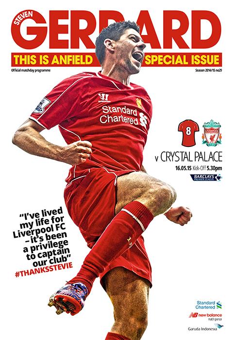 LFC's tweet photo. Here's the cover for Saturday's official #LFC matchday programme... #ThanksStevie http://t.co/0RB1dQybbh