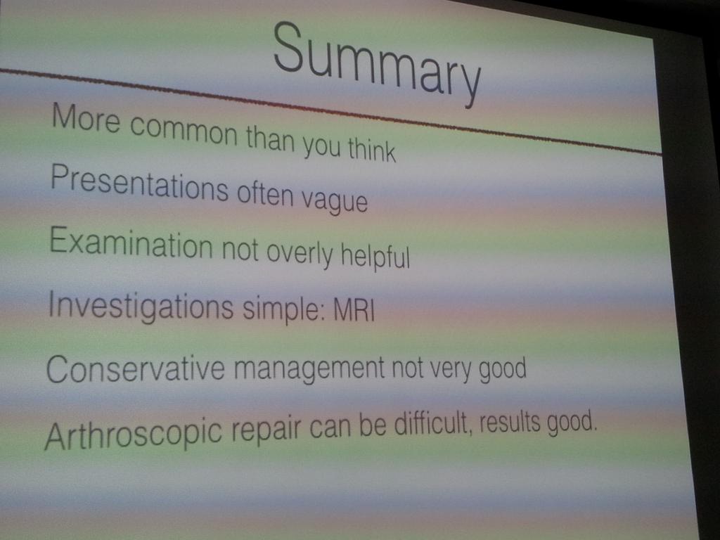 AnjuJaggi's tweet photo. #LSM2015 @DuncanTennent Subtle posterior labral tears less common vague presentation, MRI useful for diagnosis. http://t.co/1My1S9iW5x