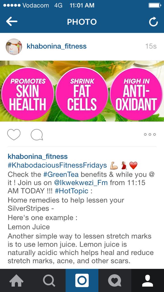 Khabonina_Q's tweet photo. #KhabodaciousFitnessFridays @Ikwekwezi_FM ! #GreenTea benefits !! PLUS join our #SilverStripes talk @bussaimathebula http://t.co/hsOuGN8wCx