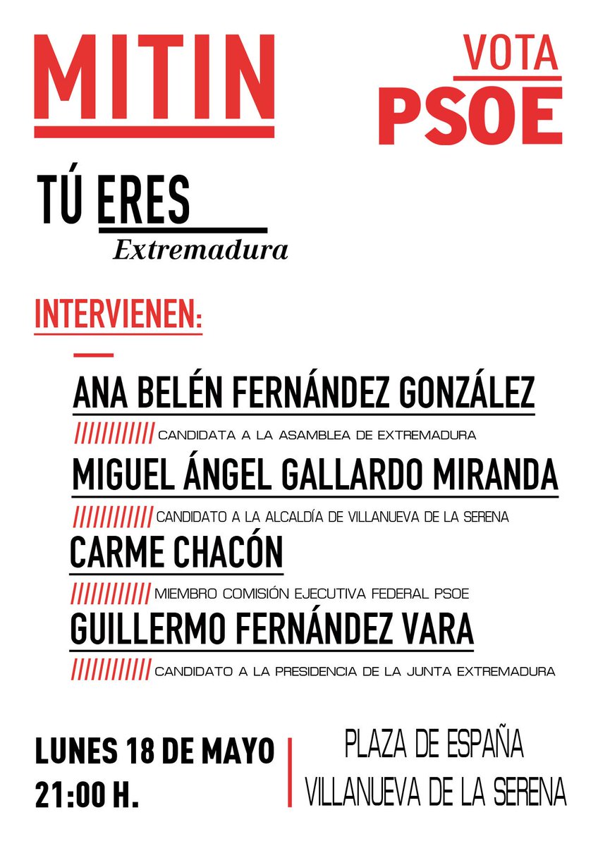 Mitin en Plaza de España. Lunes 18 a las 21:00 con <a href="/anabelenfergon/">Ana Belén Fernández</a> @magallardovva <a href="/carmechacon/">Carme Chacon</a> y <a href="/GFVara/">Guillermo Fdez Vara</a> #VotaPSOE