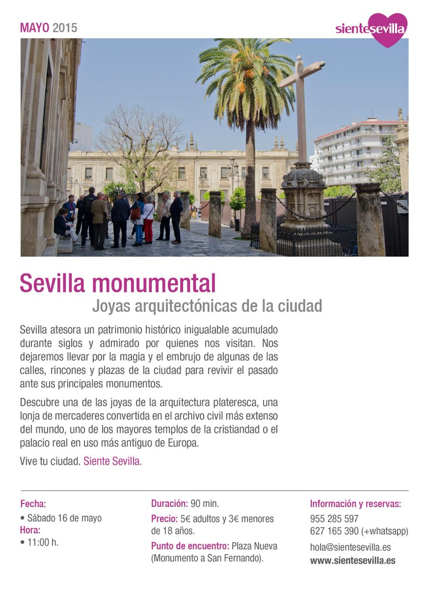 Siente_Sevilla's tweet photo. ¡Por fin viernes! Nos vamos a la #ruta 'Sevilla Monumental' ¿te vienes? Mañana sábado a las 11h. Info: 627165390 http://t.co/c4X9RHq3ia
