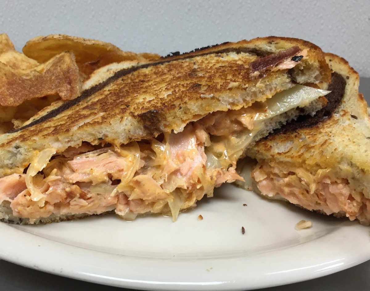 Today's Feature from upcoming menu
SALMON REUBEN 
Salmon smoked in-house, Gruyere, kraut, Sriracha 1000 island, rye.