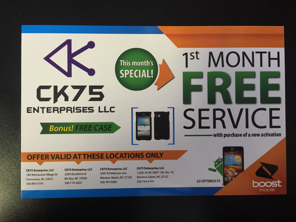 CK75Enterprise's tweet photo. Promo for this month by CK75 Enterprise LLC
#FreePhone #TGIF #BoostMobile #Hickorytree #WinstonSalem #MtAiry http://t.co/Qdf4Xi2xRg
