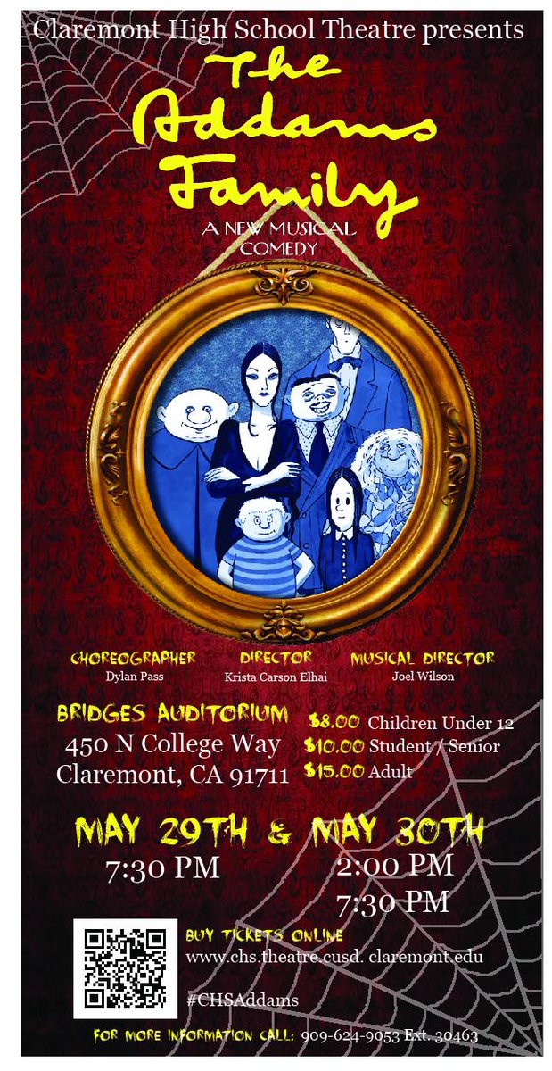 claremontusd's tweet photo. CHS Theatre is excited to present: The Addams Family
Bridges Auditorium May 29th - 7:30 pm &amp; May 30th - 2 &amp; 7:30 pm http://t.co/KGIDks8Jgn