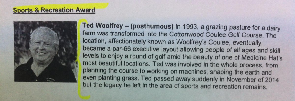 Civic Recognition Awards, recipient Ted Woolfrey (posthumous), Wed. May 20, 7pm, Esplanade Arts &amp; Heritage Centre.