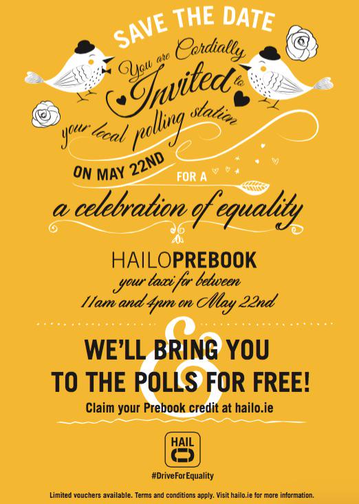 FreeNow_IE's tweet photo. Register at hailo.ie for your free taxi to the polls on May 22nd #DriveForEquality http://t.co/Ghm93Z1wAc