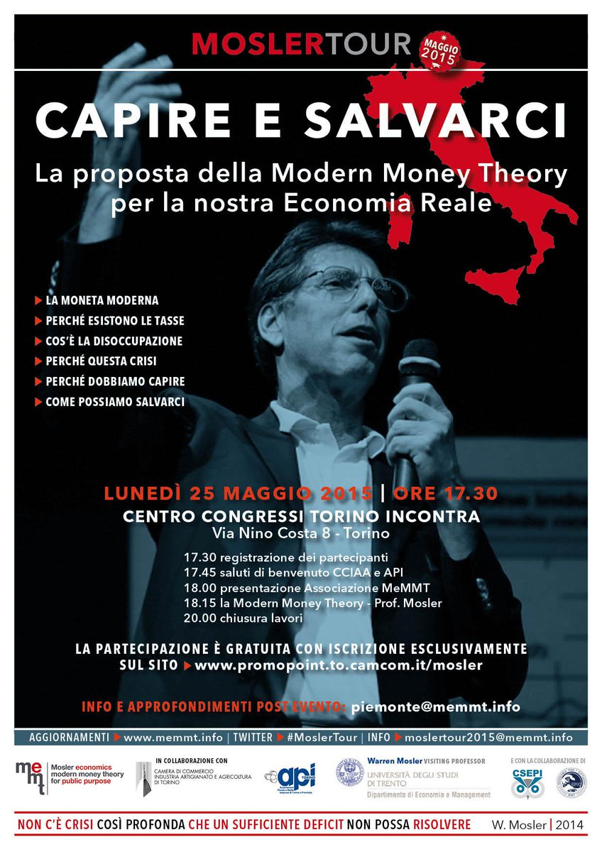 CAPIRE E SALVARCI. LA PROPOSTA DELLA MODERN MONEY THEORY. Il 25/05 ore 17.30 – Centro Congressi Torino Incontra