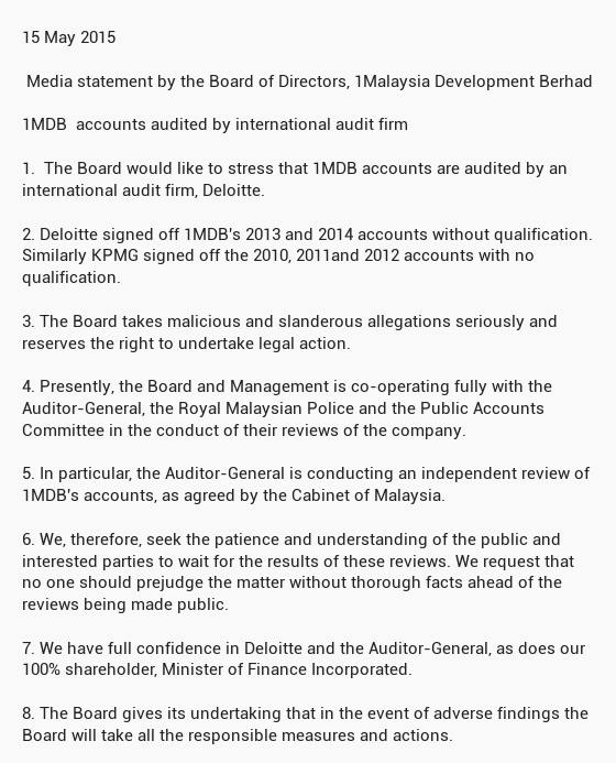 sherylrahman's tweet photo. 15/5: Media statement by the Board of Directors, 1Malaysia Development Berhad #1MDB http://t.co/QDVEZXTh6g @_PPUBS_ @umnoinsider